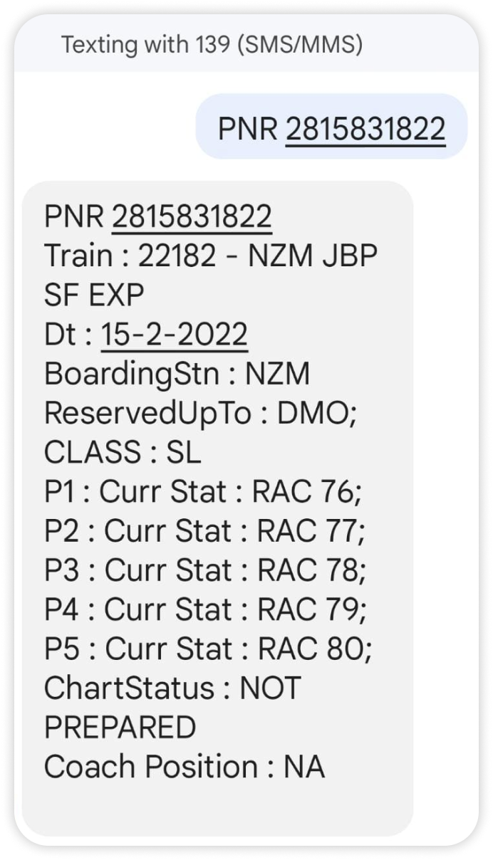 Check PNR status with SMS